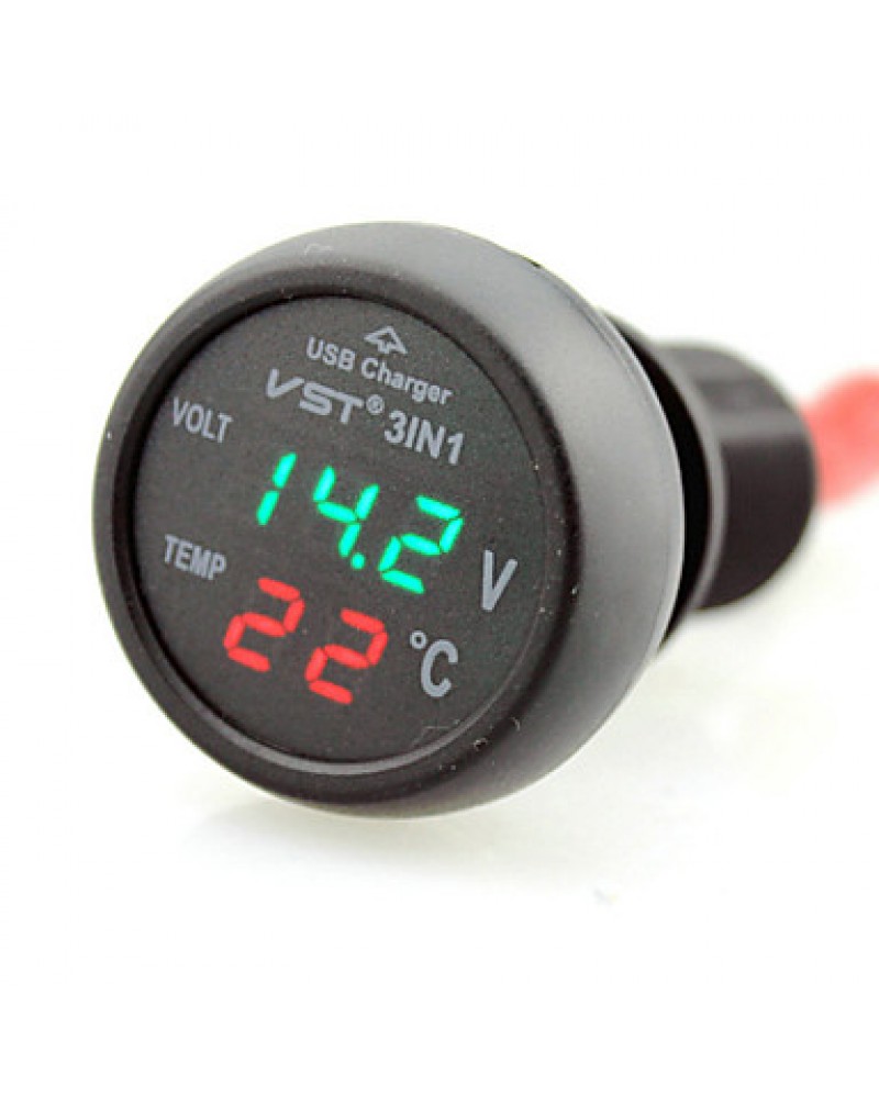 3In1 Car 12V 24V Digital Led Voltmeter Thermometer Usb Charger