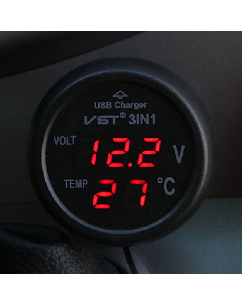 3In1 Car 12V 24V Digital Led Voltmeter Thermometer Usb Charger