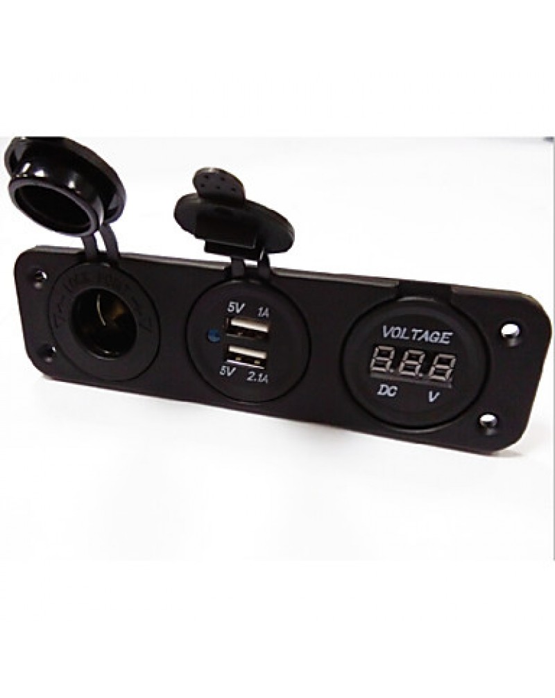 3 Hole Panel Power Socket+Dual USB Car Charger Socket+Voltmeter